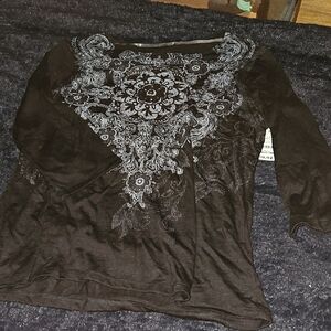 White Stag Black and Gray Floral Half Sleeve Top